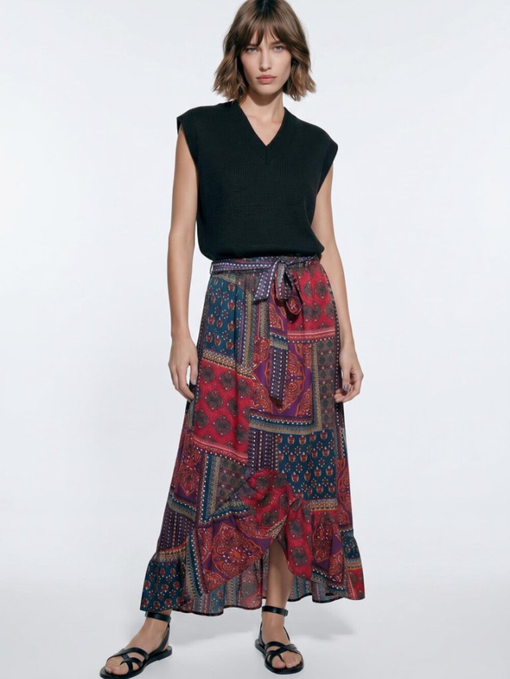 Masala Boho Patterned Elastic Waist Hi Low Midi Skirt S